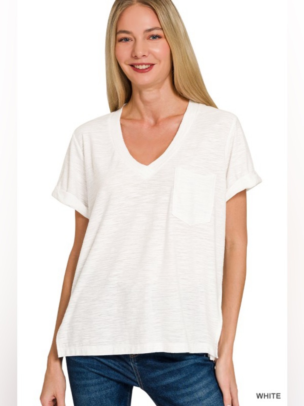 Zenana White Slub Rolled Short Sleeve V-neck Tee